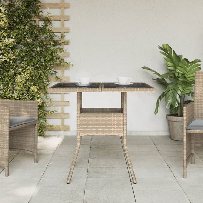 vidaXL - Tuintafel - met - glazen - blad - 80x80x75 - cm - poly - rattan - beige
