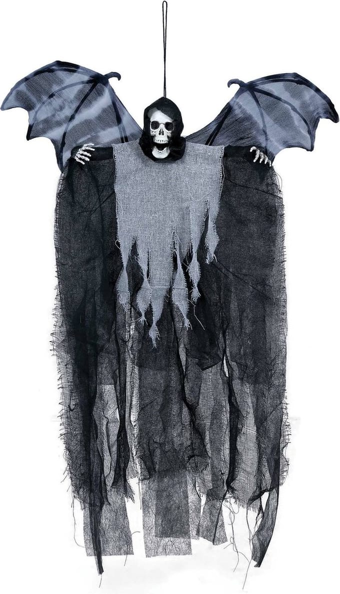 Fiestas Horror decoratie skelet/geraamte pop met vleugels - hangend - 60 cm - Halloween hangdecoratie