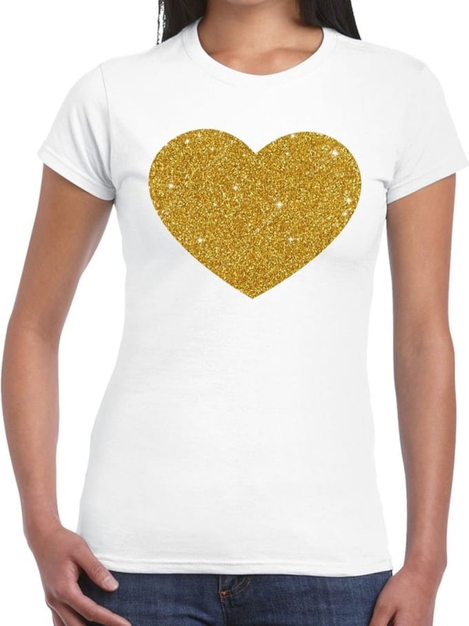 Bellatio Decorations Glitter en Glamour t-shirt - wit - dames - Gouden hartjes print in glitter L