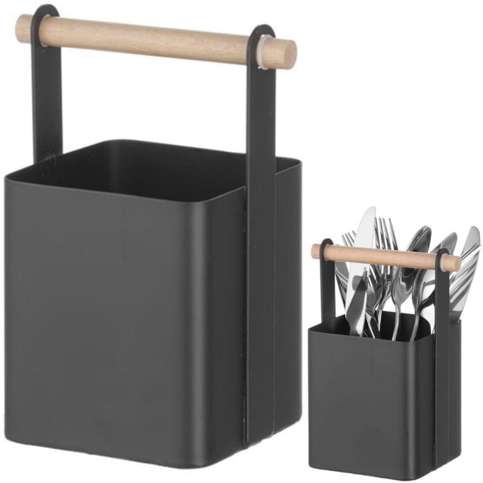 HENDI Bestek caddy – matzwarte poedercoating – houten handvat – 140x105x190 mm
