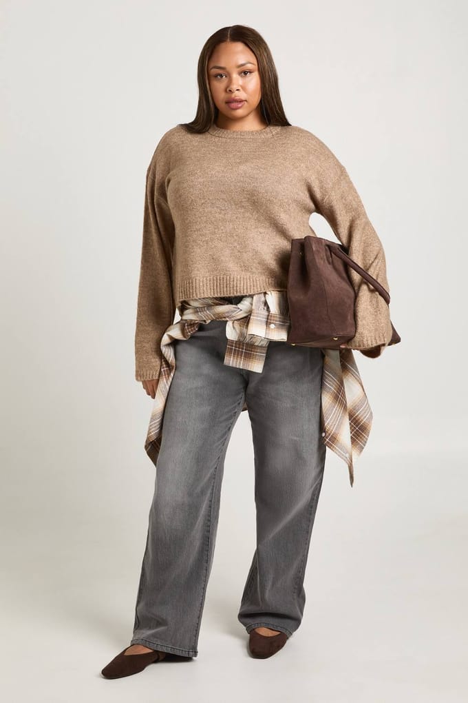 boohoo Dames PLUS RONDE HALS TRUI | Hazelnut | Maat: 24