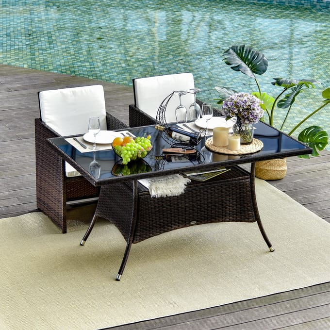 MODFU Tuintafel 150x85x74 cm van metaal en polyrattan, weerbestendig met veiligheidsglas