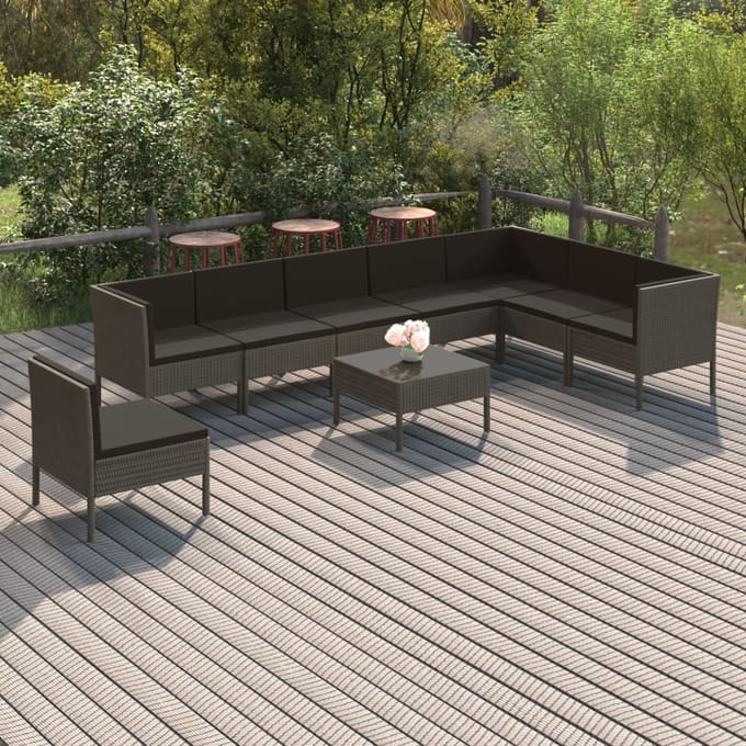 vidaXL - 9-delige - Loungeset - met - kussens - poly - rattan - grijs