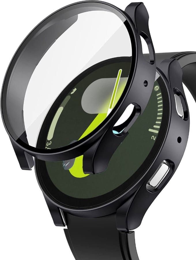 Hoesje + Screenprotector Samsung Galaxy Watch 7 44mm – Gehard Glas Cover + Shock Proof Case – Zwart