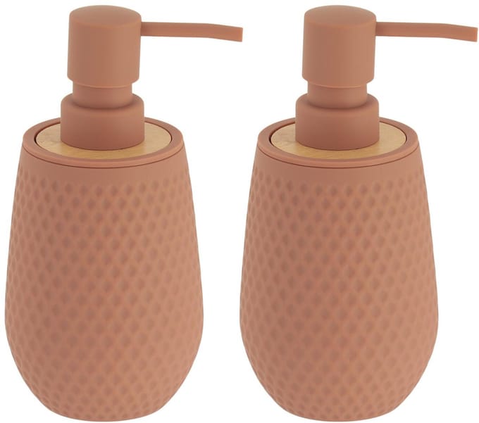 Tendance zeeppomp honeycomb - 2x - bruin - 280 ml - D8 x H17 cm - rubber/bamboe - zeep dispenser