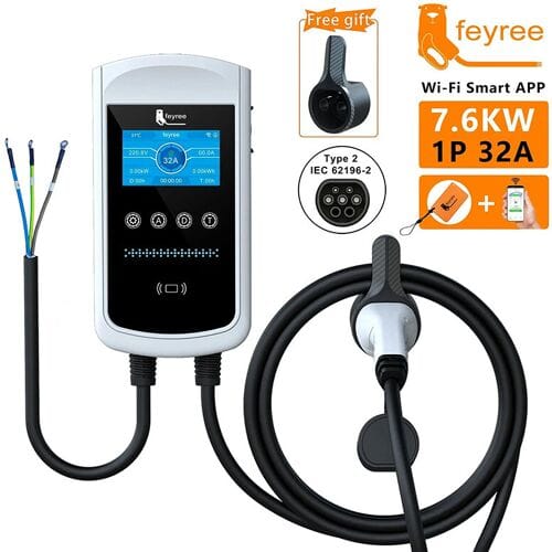 feyree Type 2 EV-oplaadstation 32 A 7,6 kW EVSE-muurbox met 4,3-inch scherm en smart app-bediening