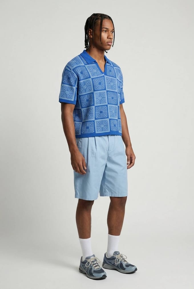 Oversized Boxy Crochet Tapestry Knitted Polo T-Shirt | Blue | Size XL