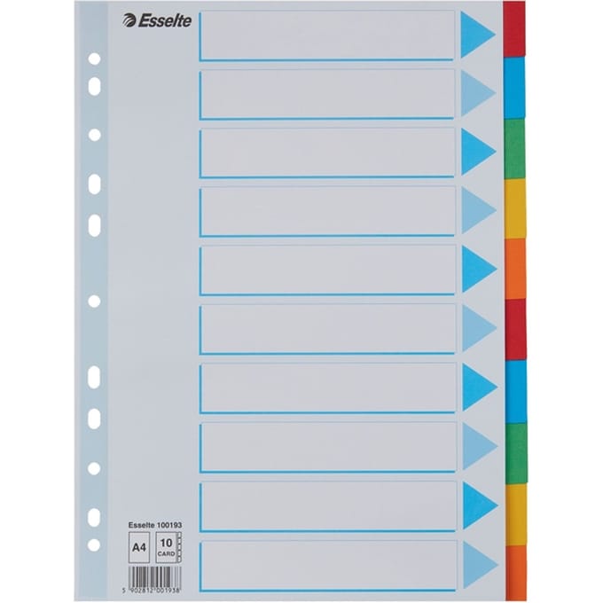 Tabbladen Esselte Standaard A4 10-delig karton 11-rings met voorblad assorti
