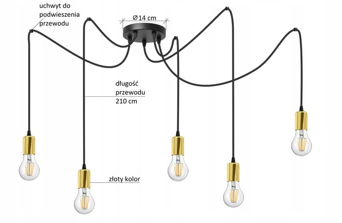 Hanglamp Pająk Tom BKZ - Zwart/Goud, 5xE27, 210cm