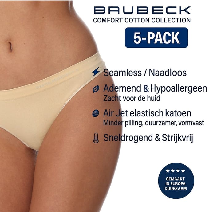 Brubeck Dames String – Naadloos (Seamless) Elastisch Katoen - 5 Pack - Beige M