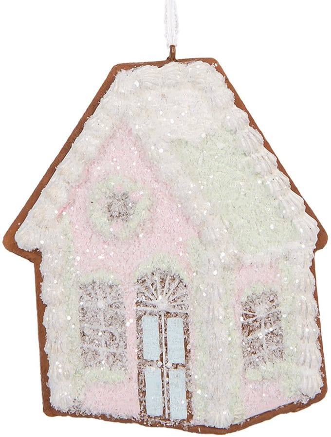 Clayre & Eef Kersthanger Gingerbread house 9x1x10 cm Roze Kunststof