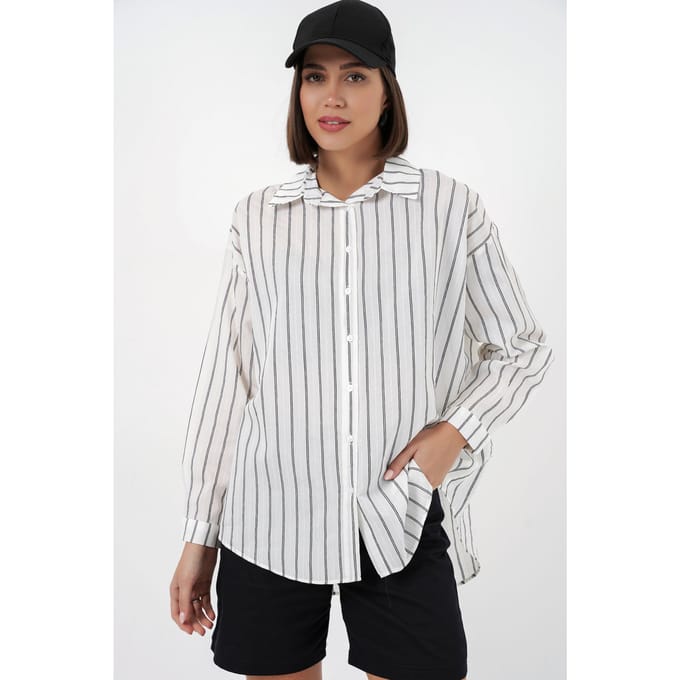 Gestructureerde Gestreepte Oversized Shirt met Knopsluiting