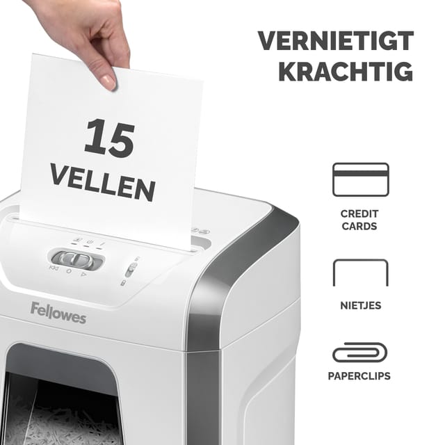 Fellowes Powershred 15C papiervernietiger, deeltjes 4x40mm, P-4, 19 liter, 15 vel snijcapaciteit, wit