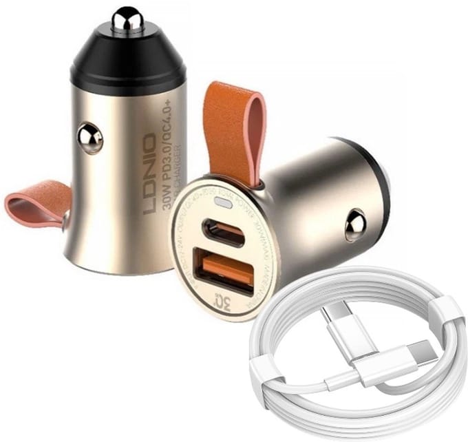 Auto Oplader - USB C naar USB C Kabel (1M) wit & Auto Stekker - USB A & C Snel Lader 30W - PD20W/QC3.0 Autolader