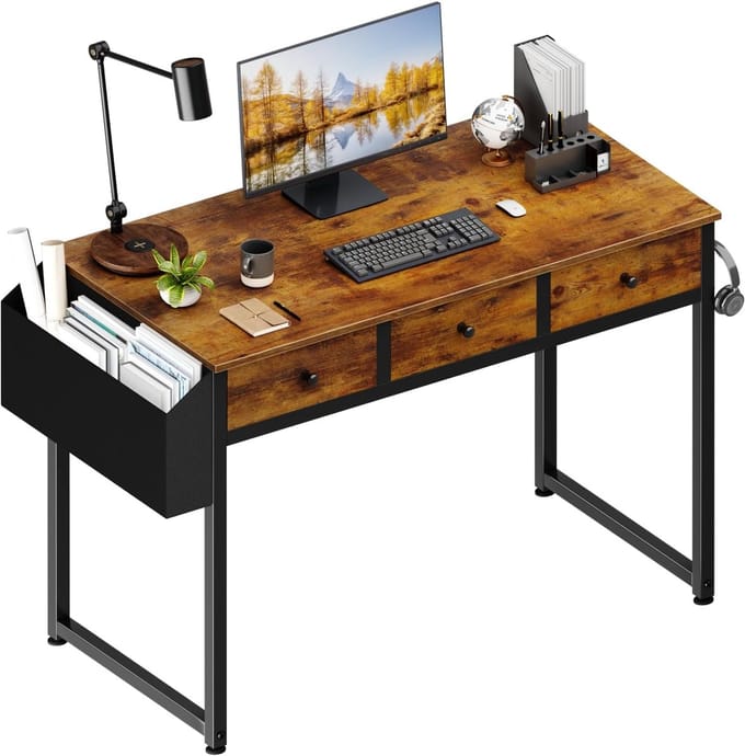 Bureau met laden - Schrijftafel Studietafel - Thuiswerken Kantoor - Drie stoffen lades - 100x50CM - Rustiek bruin