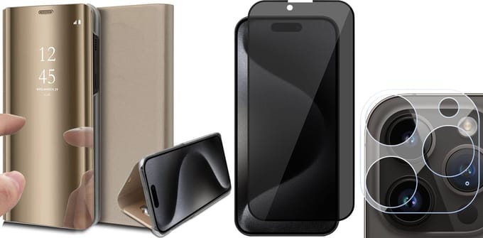 Hoesje geschikt voor iPhone 15 Pro - Privacy Screenprotector FullGuard & Camera Lens Screen Protector - Book Case Spiegel Goud
