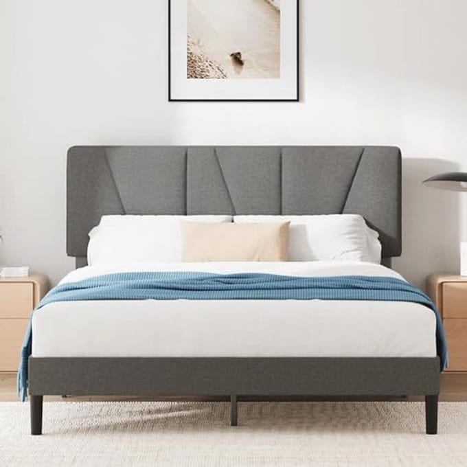 Gevoerd Bed 150 x 190 cm met Hoofdeinde en Houten Lattenbodem - Donkergrijs