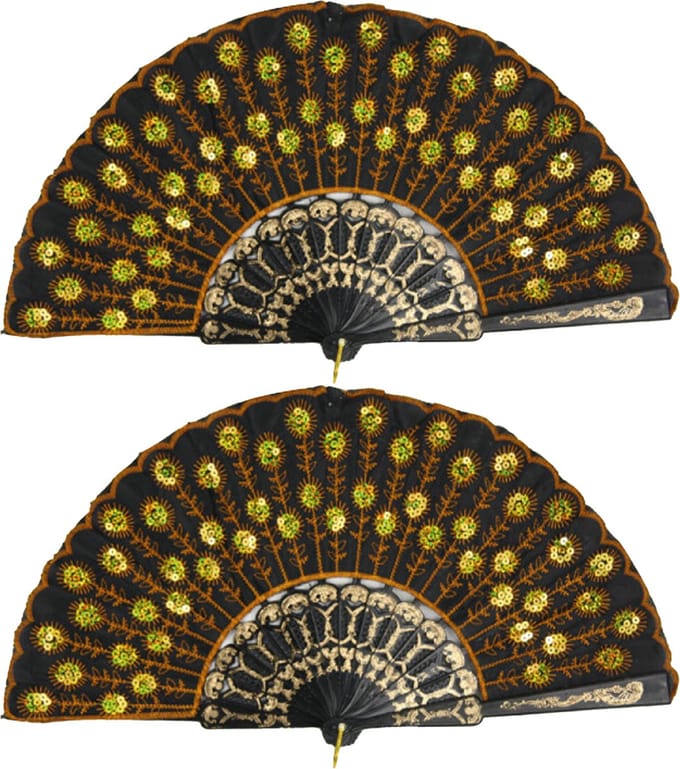 Spaanse handwaaier - 3x - zwart/goud - pailletten - kunststof/polyester - 24 x 44 cm