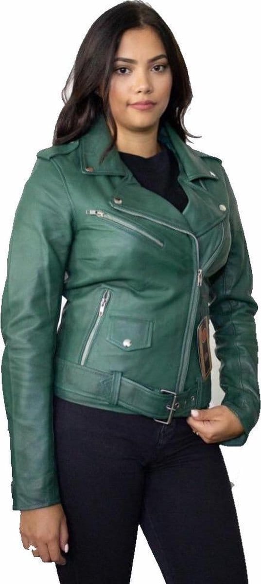 Urban 5884® - Alice - Damesjas - Perfecto - Schuin Rits - Zilver rits -Lams Leer - Groen - Maat S