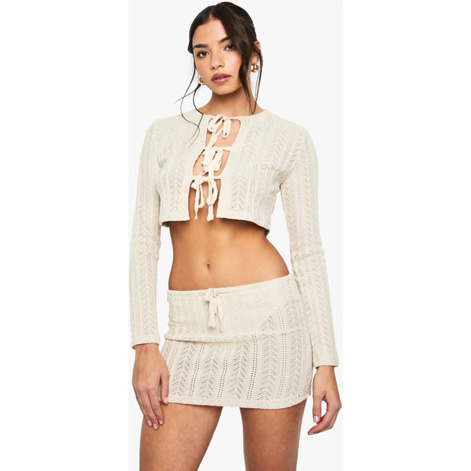 boohoo Dames Gehaakte Mini Rok Met Ingebouwde Slip | Stone | Maat: 12