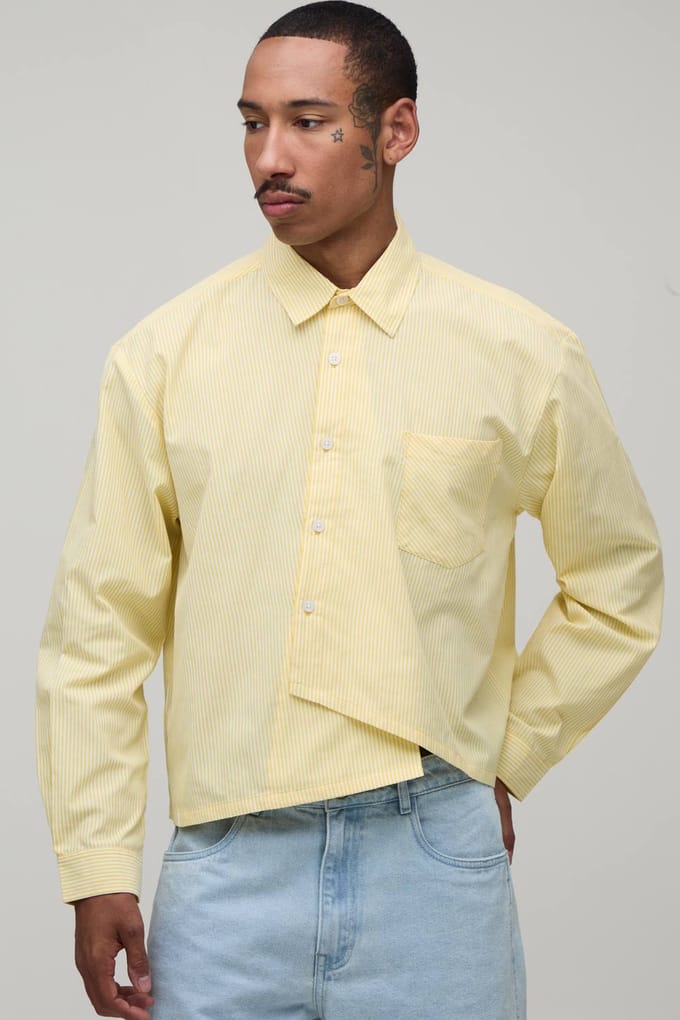 Oversized Boxy Shirt Met Asymmetrische Knoopsluiting En Streeppatroon | Yellow | Size Medium