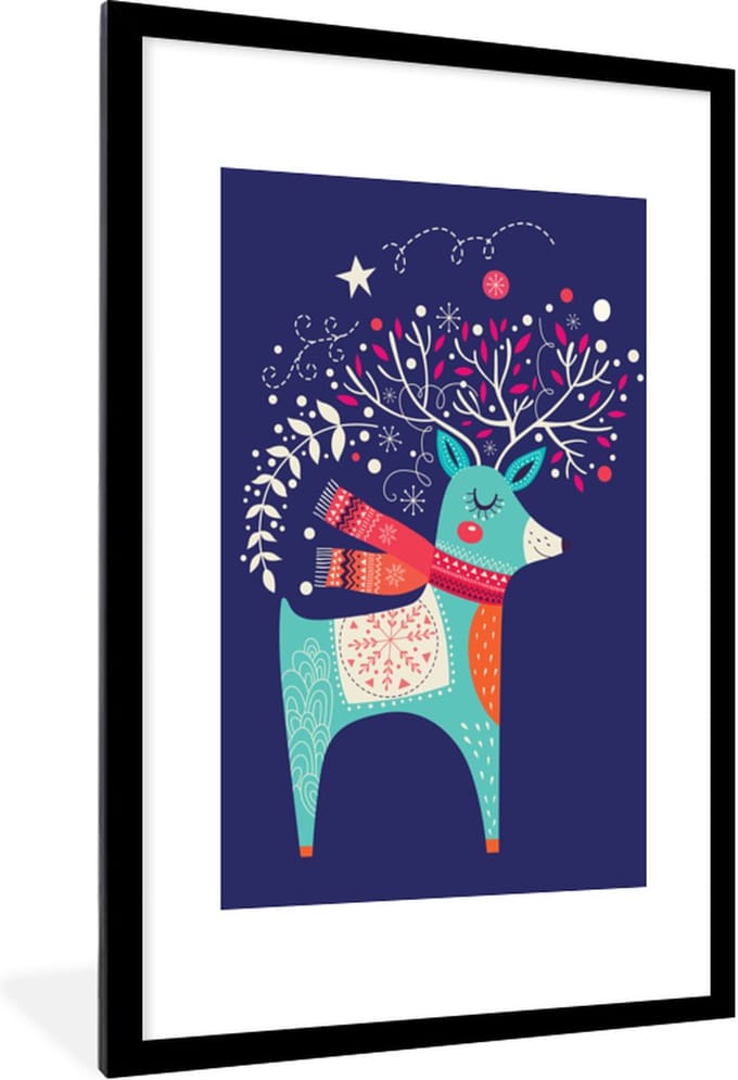 Fotolijst incl. Poster - Rendier - Kerst - Winter - Kerstversiering - 80x120 cm - Posterlijst - Kerstmis Decoratie - Kerstversiering - Kerstdecoratie Woonkamer - Kerstversiering - Kerstdecoratie voor binnen - Kerstmis