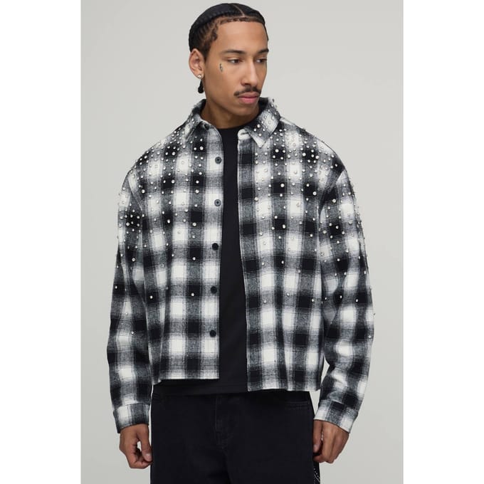 Oversized Boxy Juweel Strass Geruit Overhemd | Black | Size 2XL