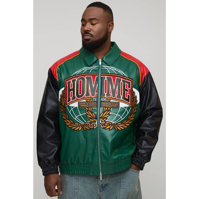 Plus Oversized Fit Homme Applique PU Collared Bomber Jacket | Forest | Size 2XL