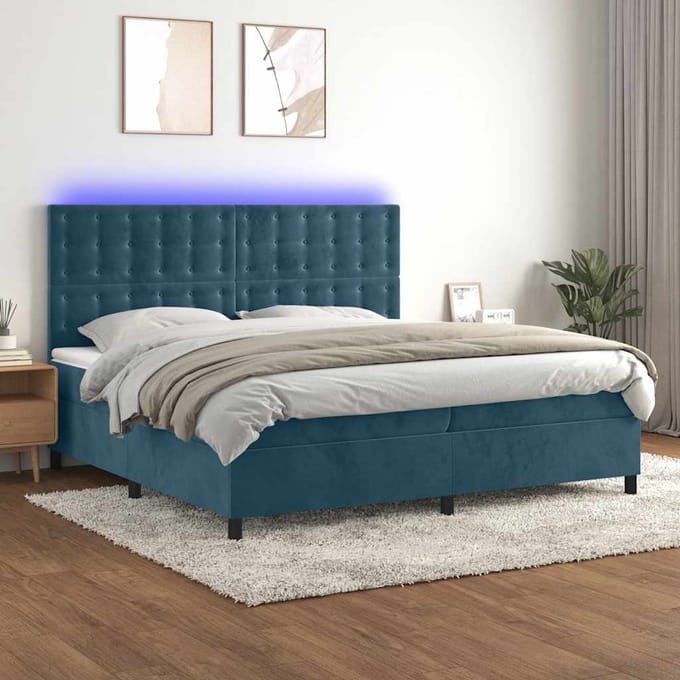 vidaXL - Boxspring - met - matras - en - LED - fluweel - donkerblauw - 200x200 - cm