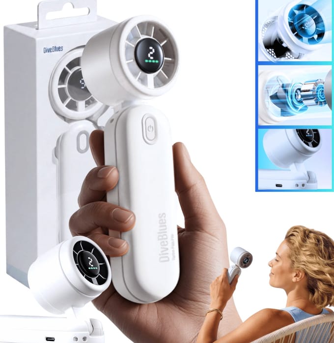 Diveblues® 3-in-1 Draagbare Mini Handventilator Oplaadbaar - iTurbo 9,2 m/s - Compact & Lichtgewicht - Mini Hand Fan