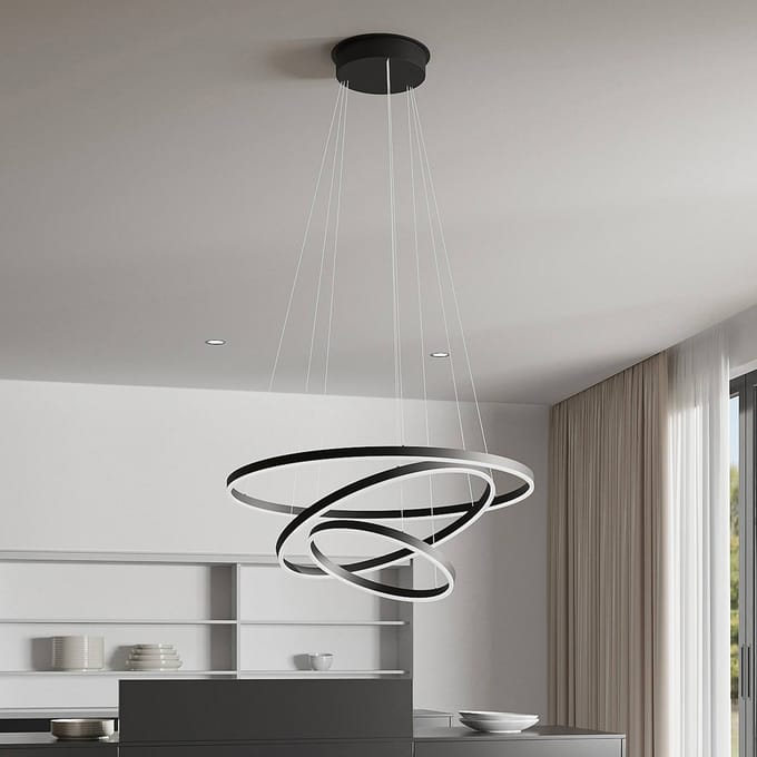 Arcchio LED hanglamp Albiona, zwart, 3 ringen, Ø 80 cm