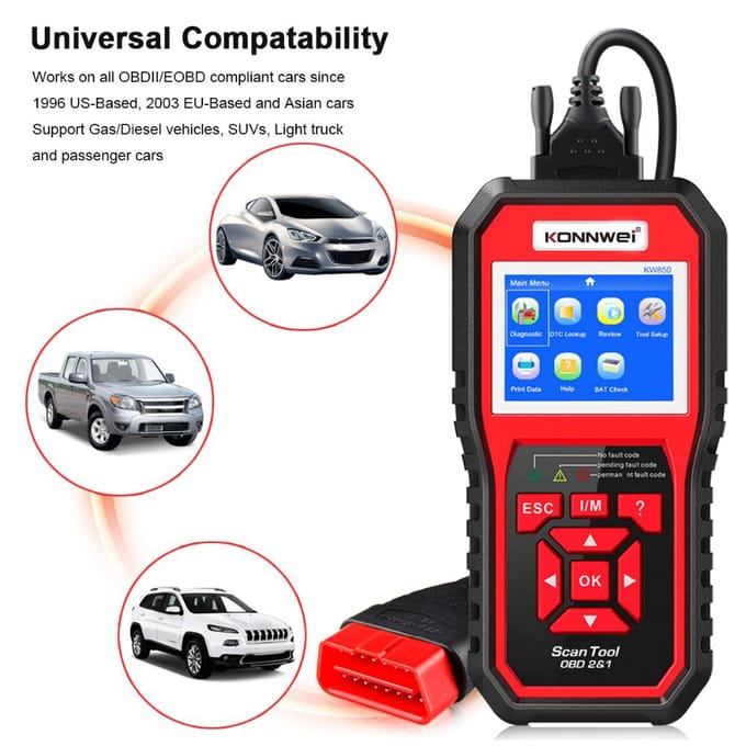 KONNWEI OBDII-scannercodelezer (KW850) Professionele OBDII Anto Scanner autodiagnostische controle rood
