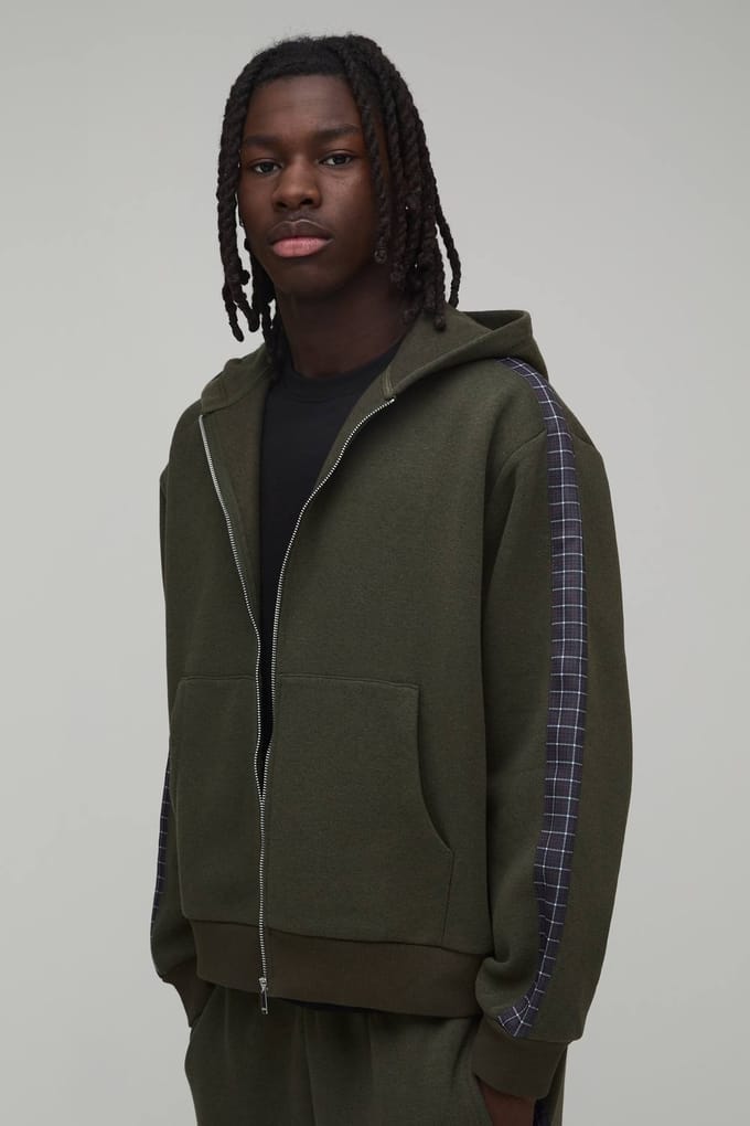 Oversized Boxy Geruite Paneel Ritssluiting Capuchon Trainingspak | Green | Size Medium