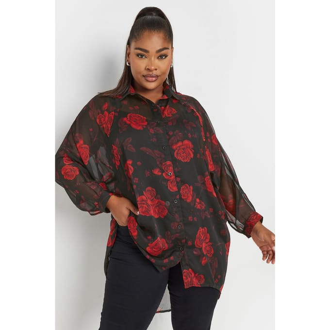 Yours Overhemd Met Bloemontwerp En Lange Achterkant In Zwart/Rood Size 46