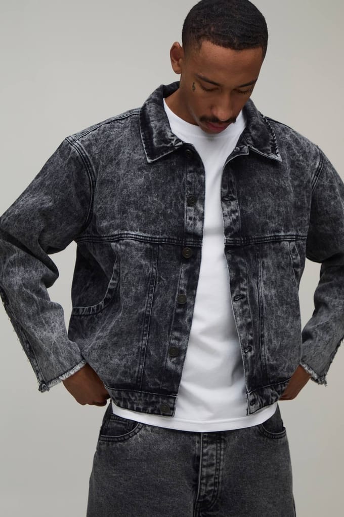 Oversized Acid Wash Pearl Embellished Denim Jacket | Washed Black | Size Medium