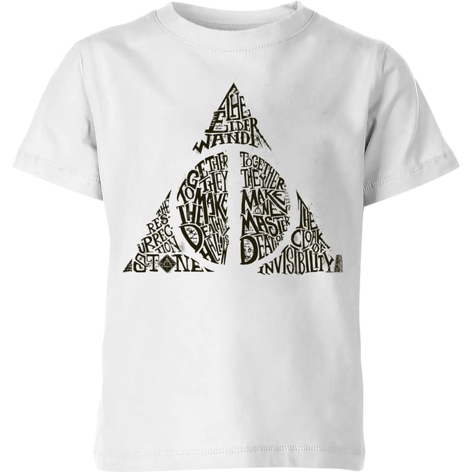 Harry Potter Deathly Hallows Text kinder t-shirt - Wit - 122/128 (7-8 jaar)