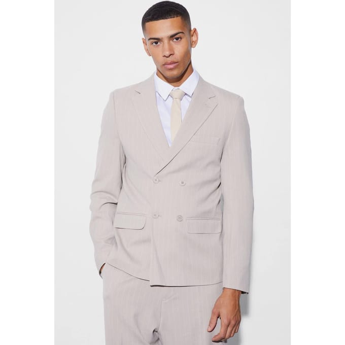 Relaxed Fit Double Breasted Pinstripe Blazer | Stone | Size 48