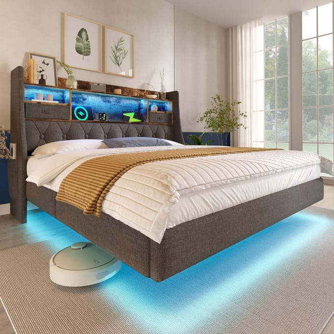Zwevend Bed - 160x200 cm - LED & Opslag Hoofdbord - met USB Type-C Lader - Linnen - Grijs