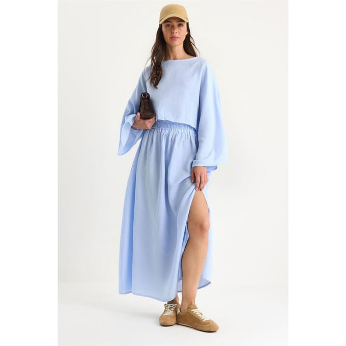 Textured Crew Neck Blouse en Rok Set