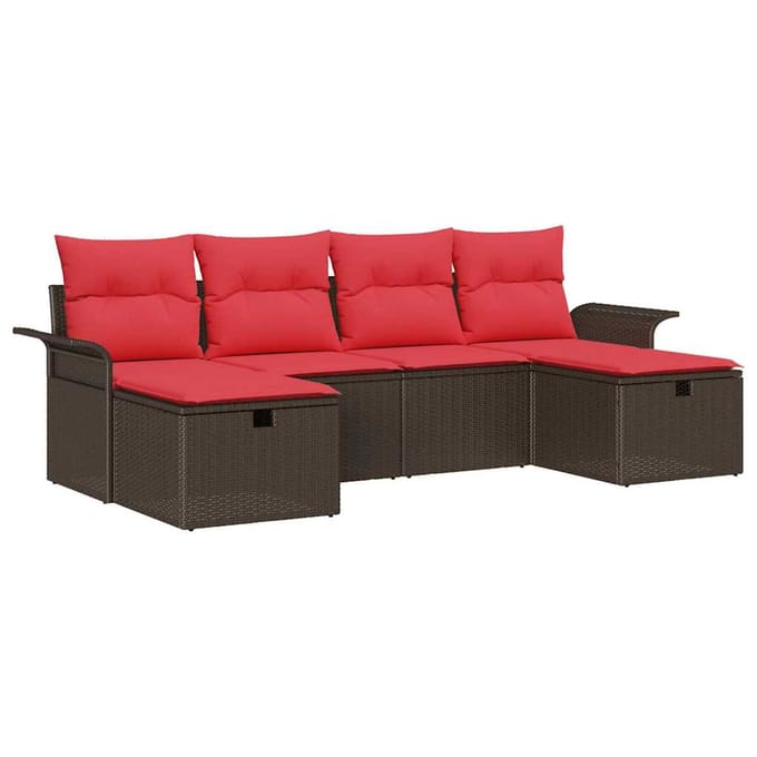 vidaXL - Tuinbank - Set - 6 - st - Bruin - en - Rood - poly - rattan