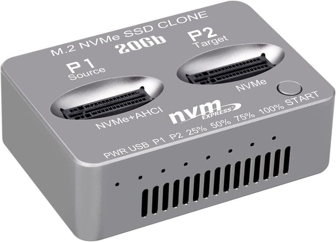 Dual-Bay M.2 NVMe SSD Kloner Dockingstation USB-C 20Gbps Offline Duplicator