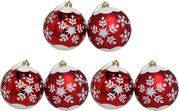 Gerimport Kerstballen - gedecoreerd - 6x st - rood - kunststof - kerstversiering