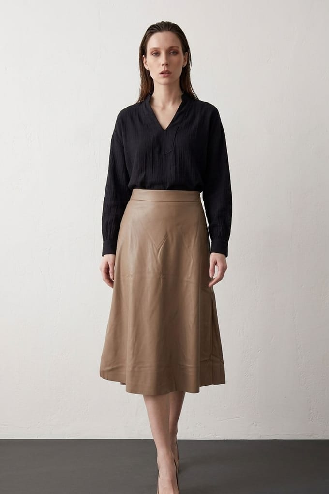 Hoog-Waisted Midi A-Lijn Nepleer Rok