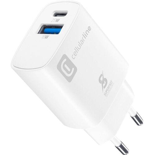 Cellularline ACHSM2USBPD25WSMLW oplader voor mobiele apparatuur Smartphone, Universeel Wit AC Snel opladen Binnen
