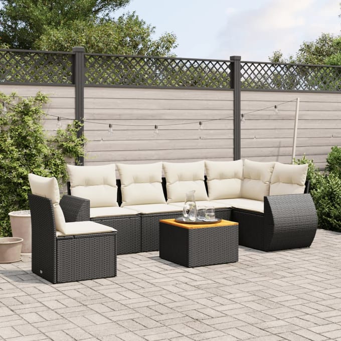 vidaXL - 7-delige - Loungeset - met - kussens - poly - rattan - zwart