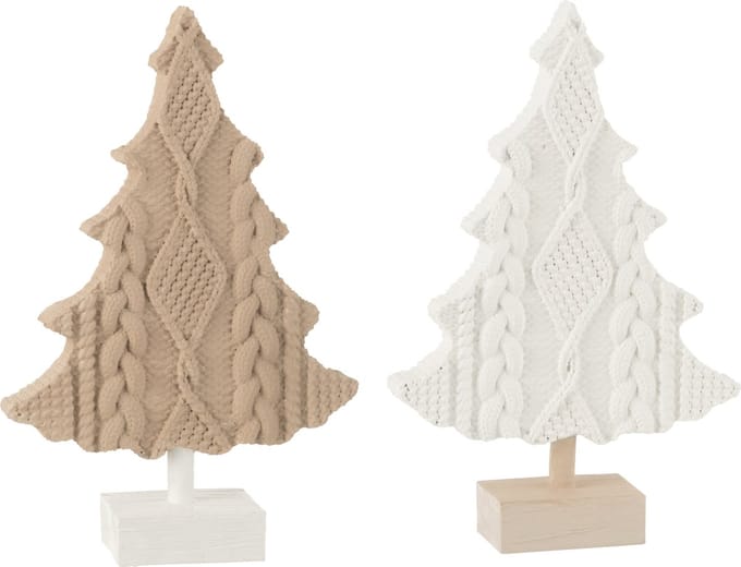 J-Line decoratie Gebreide Kerstboom - polyresin - wit/beige - 2 stuks