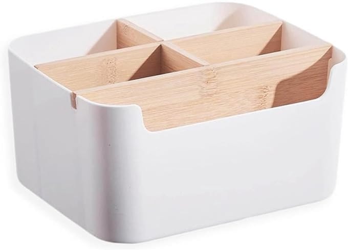 Bamboe bureauorganizer met 5 opbergvakken - Witte tafelorganizer voor pennen en accessoires