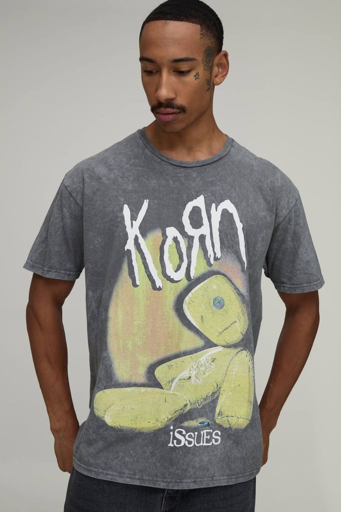 Oversized Gewassen Korn Licentie Print T-shirt | Washed Charcoal | Size Medium