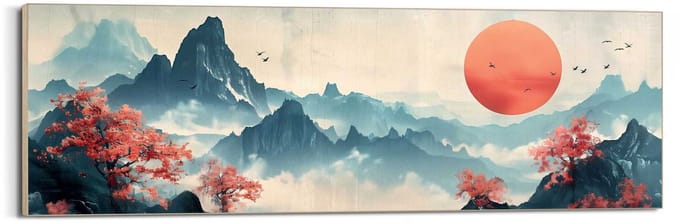 Schilderij Japanse bergen - 52 x 156 - Hout - REINDERS