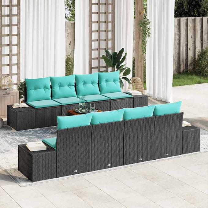 vidaXL - Tuinbank - Set - 9 - st - Zwart - en - Turkoois - poly - rattan